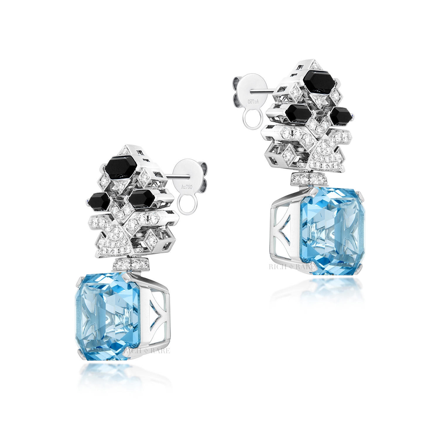 AQUAMARINE, ONYX AND DIAMOND EARRINGS